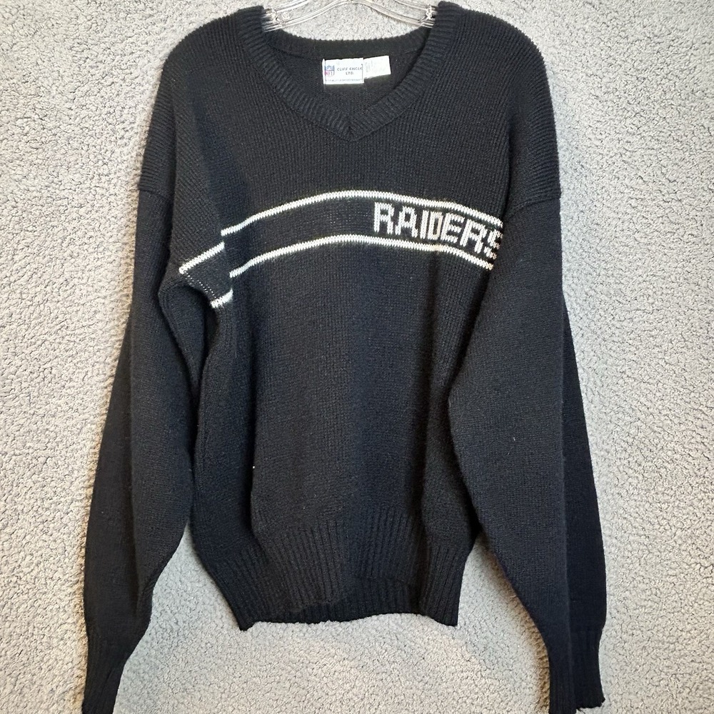 Vintage 80s Oakland Raiders Cliff Engle NFL Wool Blend V Neck Sweater Size Large